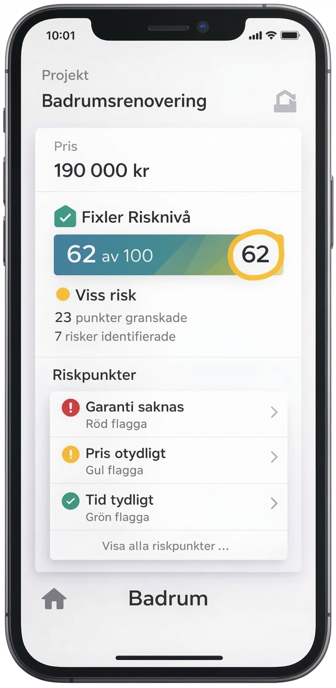 modern smartphone mockup showing Fixler app interface with kitchen renovation project details, risk score 62, yellow warning badges, clean Scandinavian design, floating on transparent background